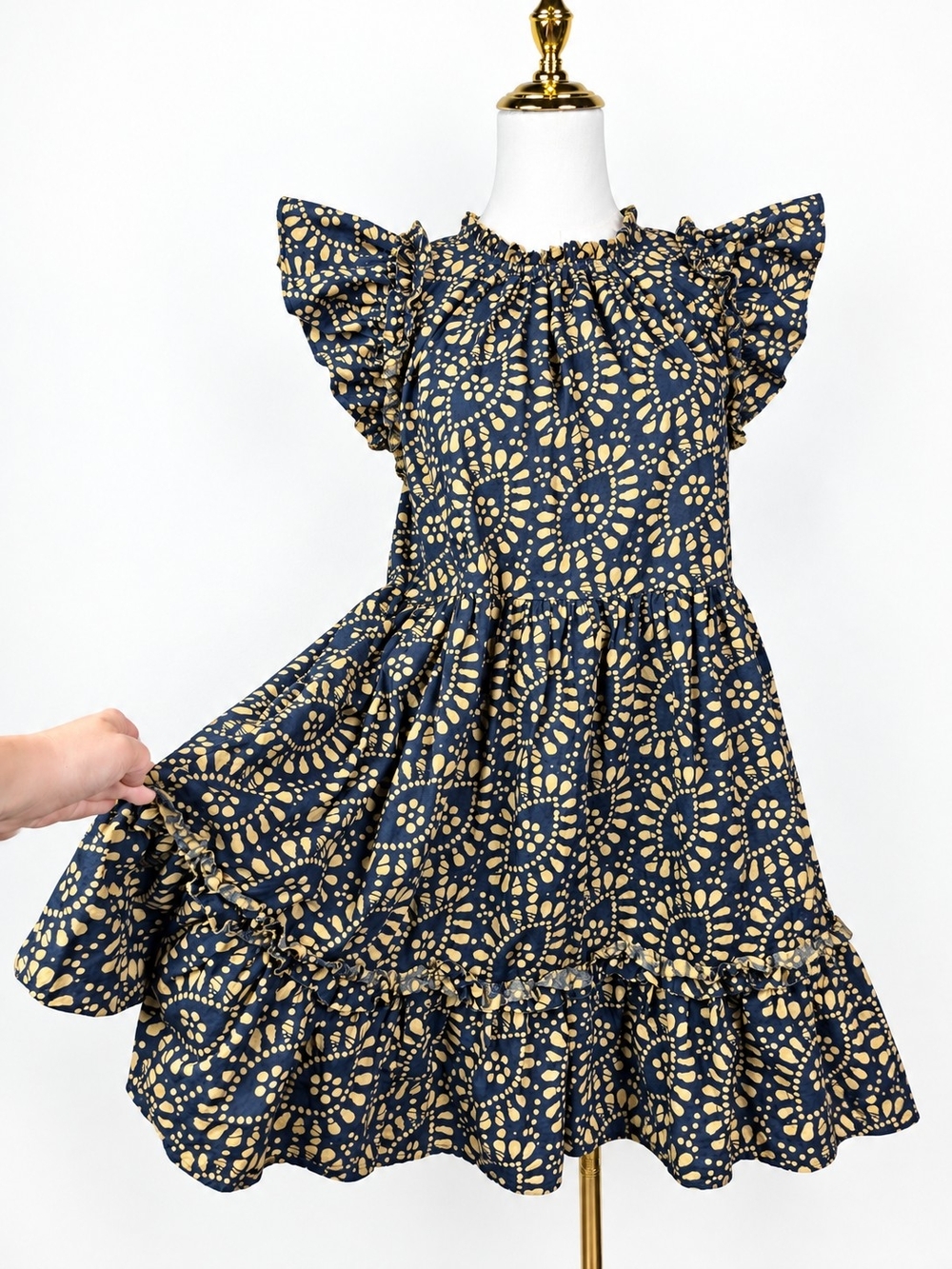 Caroline Constas Navy Batik Ruffle Tiered Cotton Mini Dress Resortwear Boho Sz S
